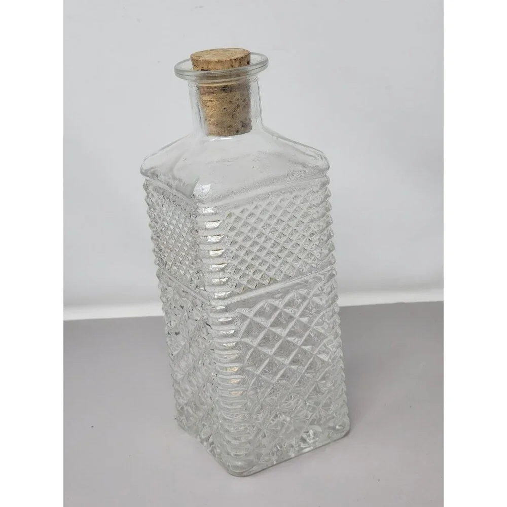 Vintage Diamond-Cut Glass Decanter‎ With Cork Lid